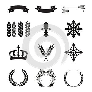 Vintage design elements set. Collection of retro style laurel wreath, typography, frames, arrow, borders, ribbons. Vector